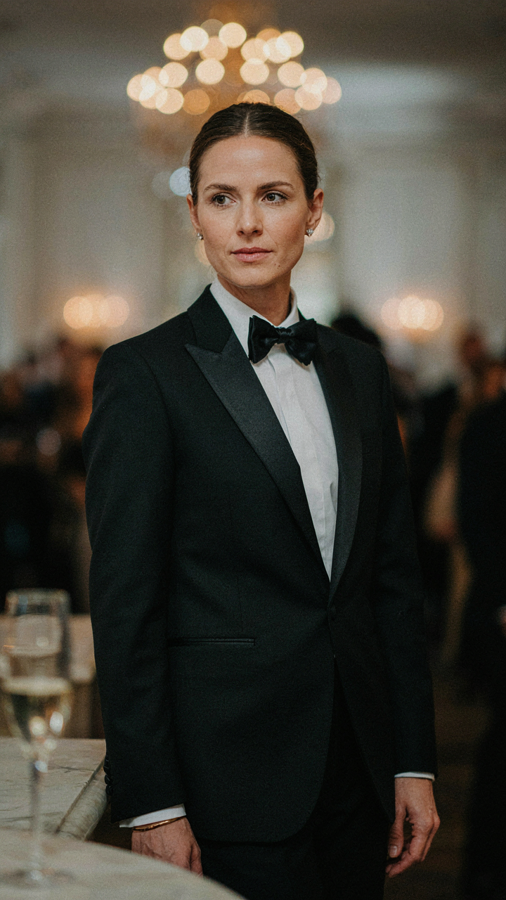A woman in a classic black tie look with simple diamond studs.