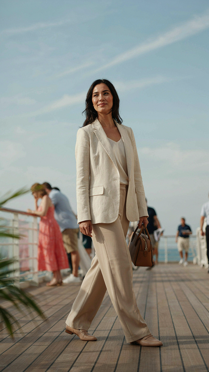 A confident, well-dressed woman walks on a cruise ship deck, signaling competence.
