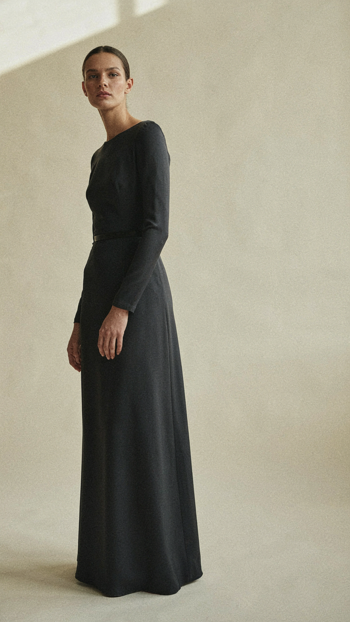 A charcoal dress with a thin black belt defines the waist subtly.