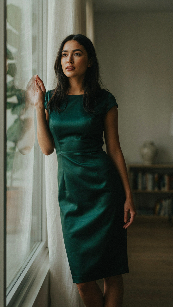 Woman in a cocktail dress stands relaxed by a window, looking past the camera.