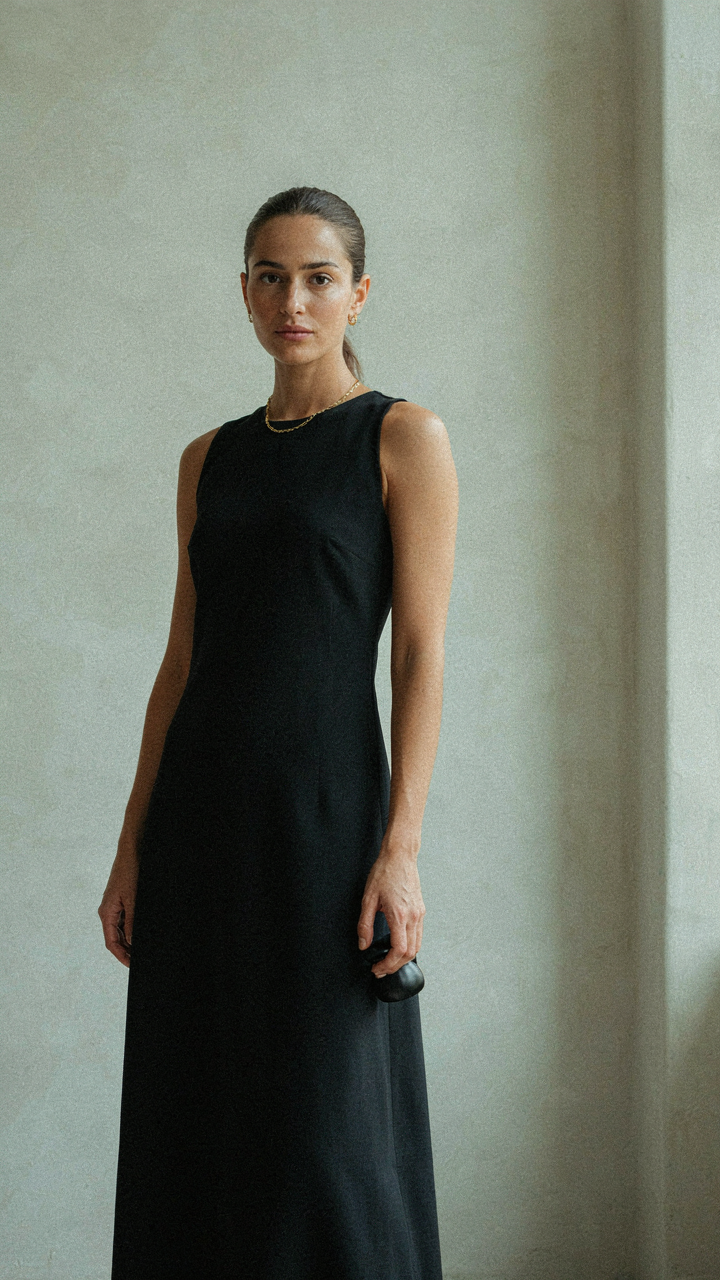 Woman in a tailored black maxi dress with a sleek ponytail.