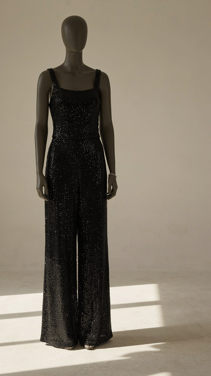Black sequin jumpsuit on a mannequin with a single silver bracelet.