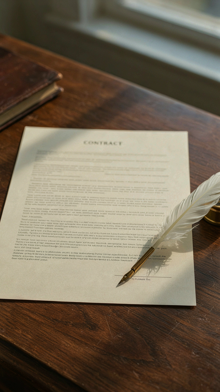 An ornate quill pen rests on a detailed contract document.