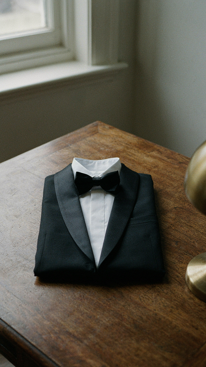 A precisely folded black tuxedo jacket with an invitation card.