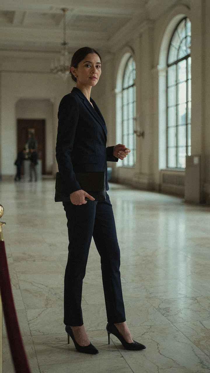 A woman in a navy jumpsuit holds a clutch in a formal museum lobby.