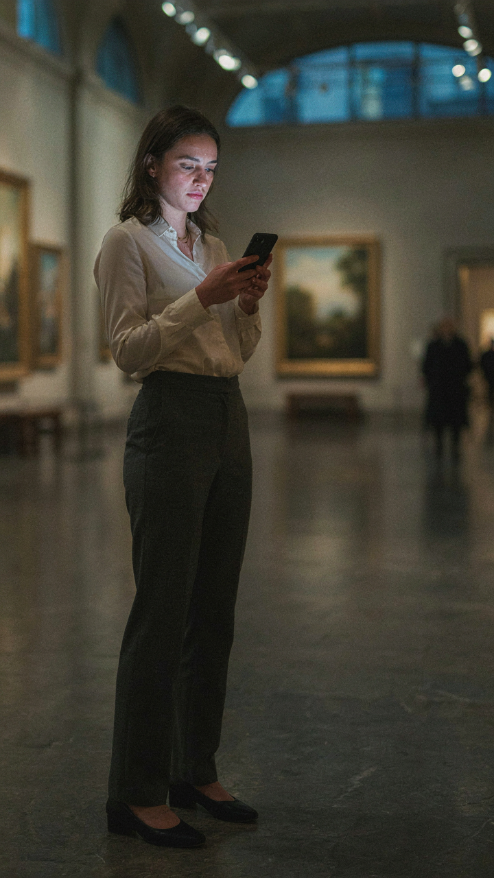 A person holds a phone and looks at a blurred museum at night.