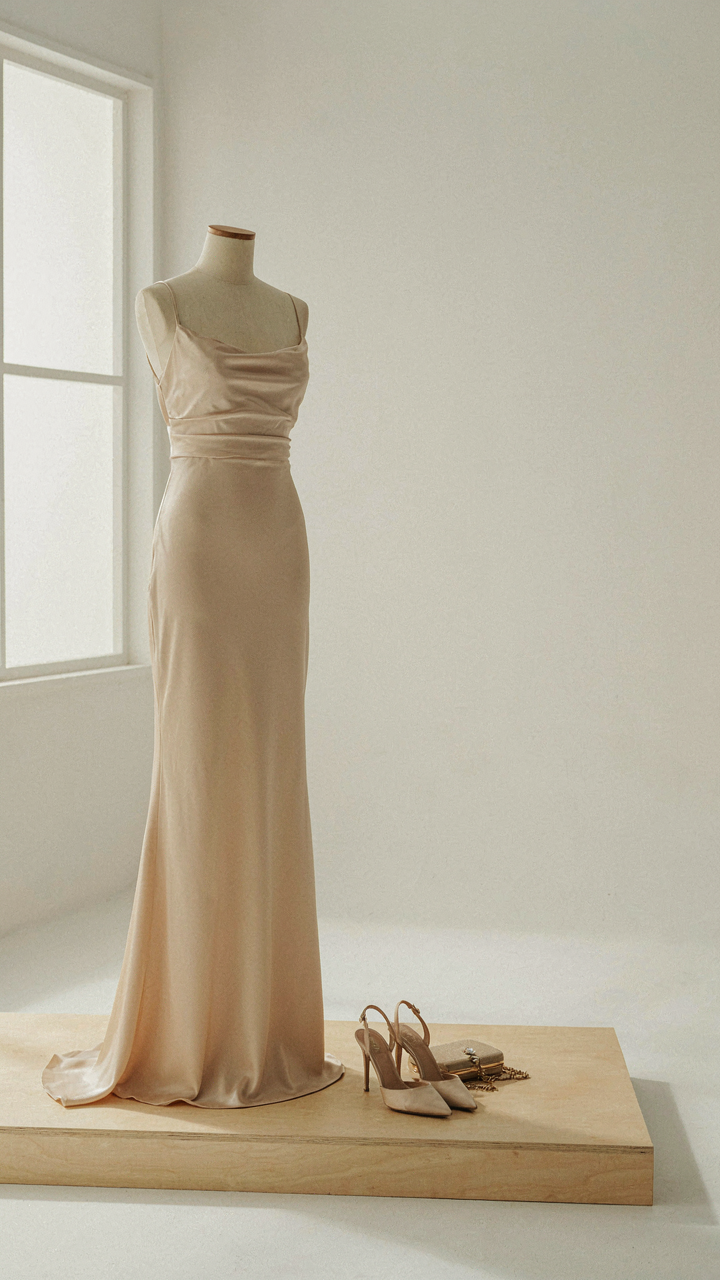 An elegant, floor-length silk gown with formal shoes and a clutch bag.
