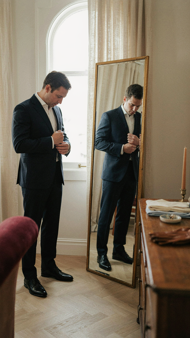 A man adjusts his navy suit jacket in a mirror before an event.