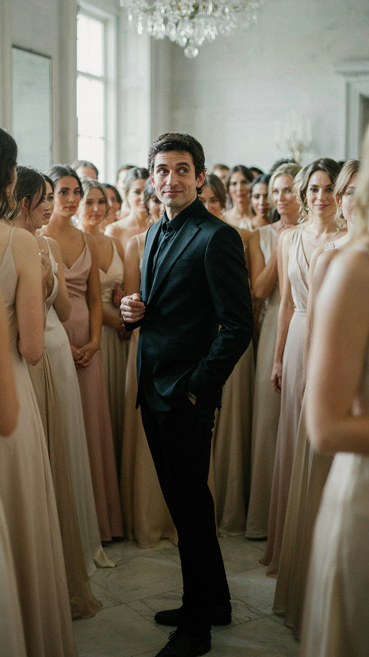 A black tuxedo jumpsuit stands out in a room full of similar formal gowns.