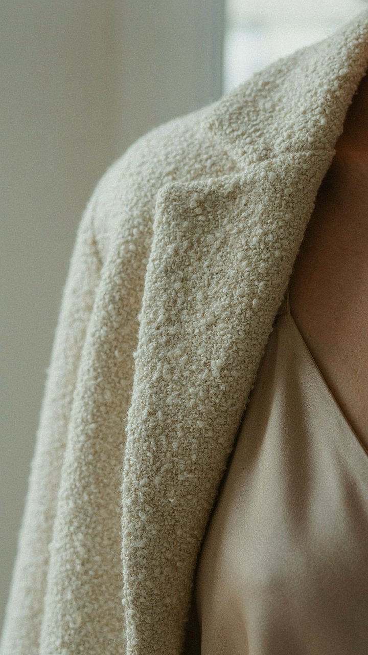 Close-up of a boucle jacket sleeve over a silk slip dress.