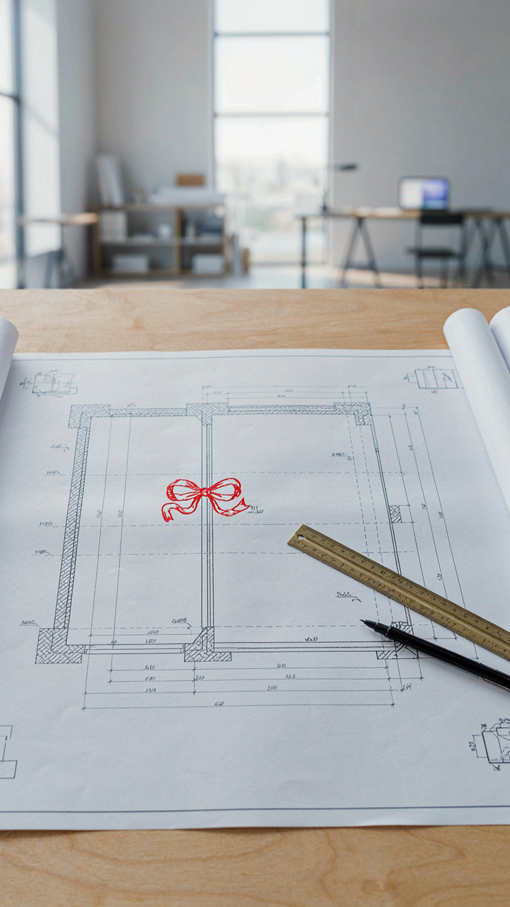 Architectural blueprint highlighting a load-bearing wall with a red bow symbol.
