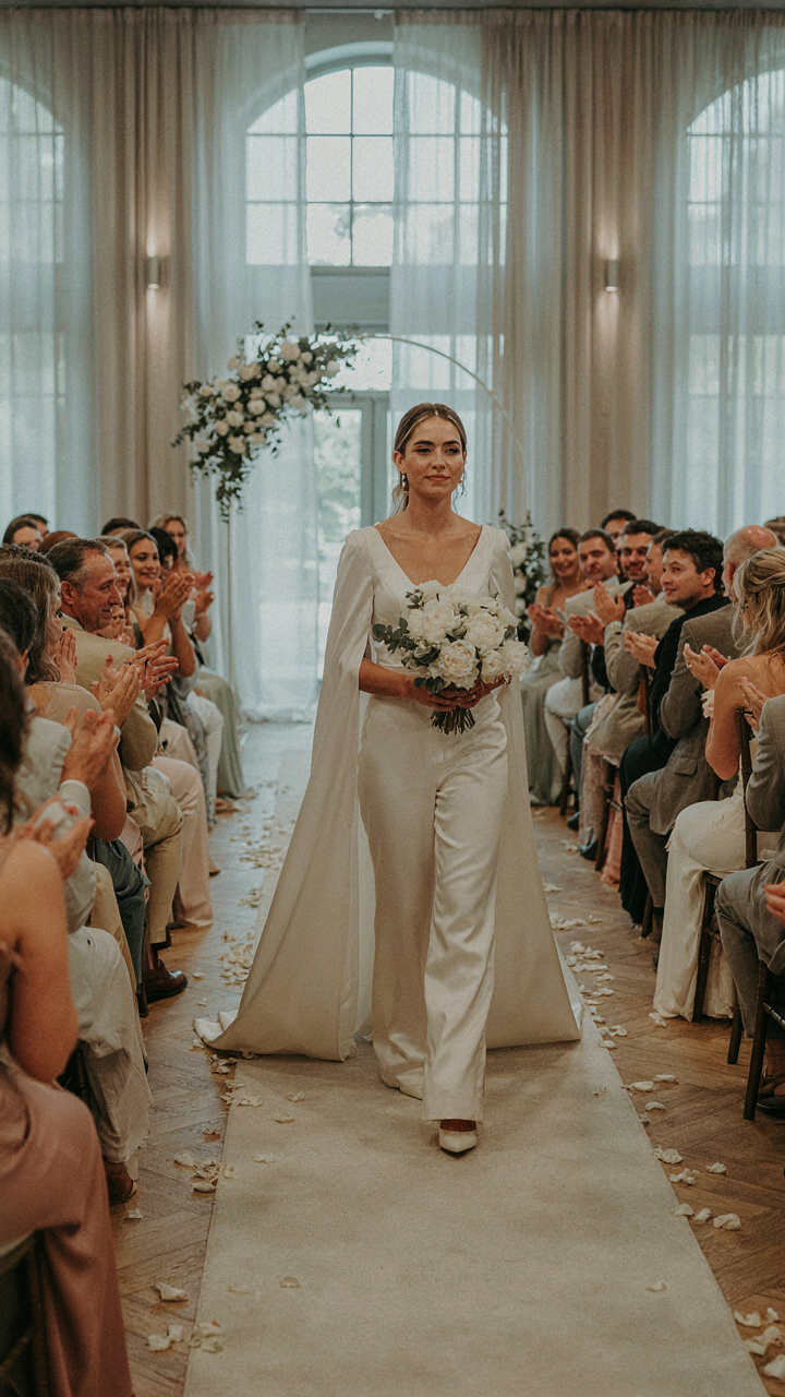 A modern bride in a white jumpsuit with cape formal walks down a wedding aisle.