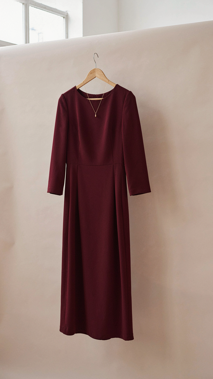 A simple burgundy midi dress with a gold pendant necklace on a hanger.