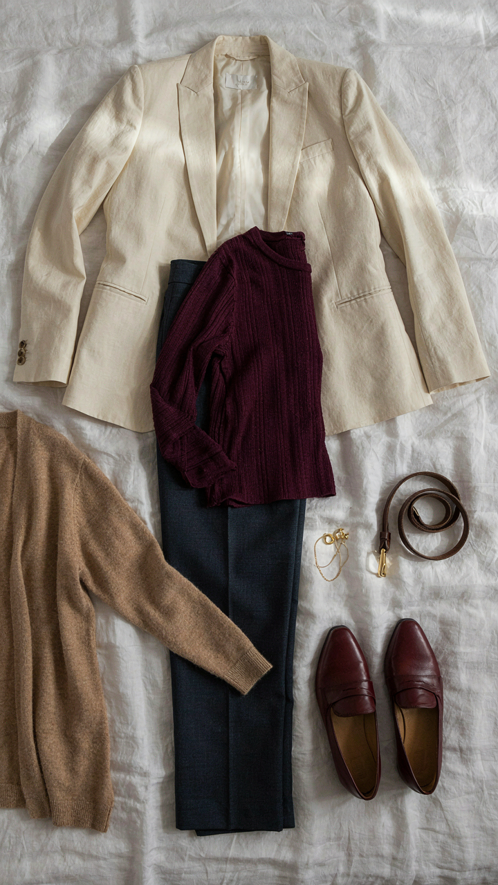 Business casual clothing items laid out on a bed, ready for mixing.