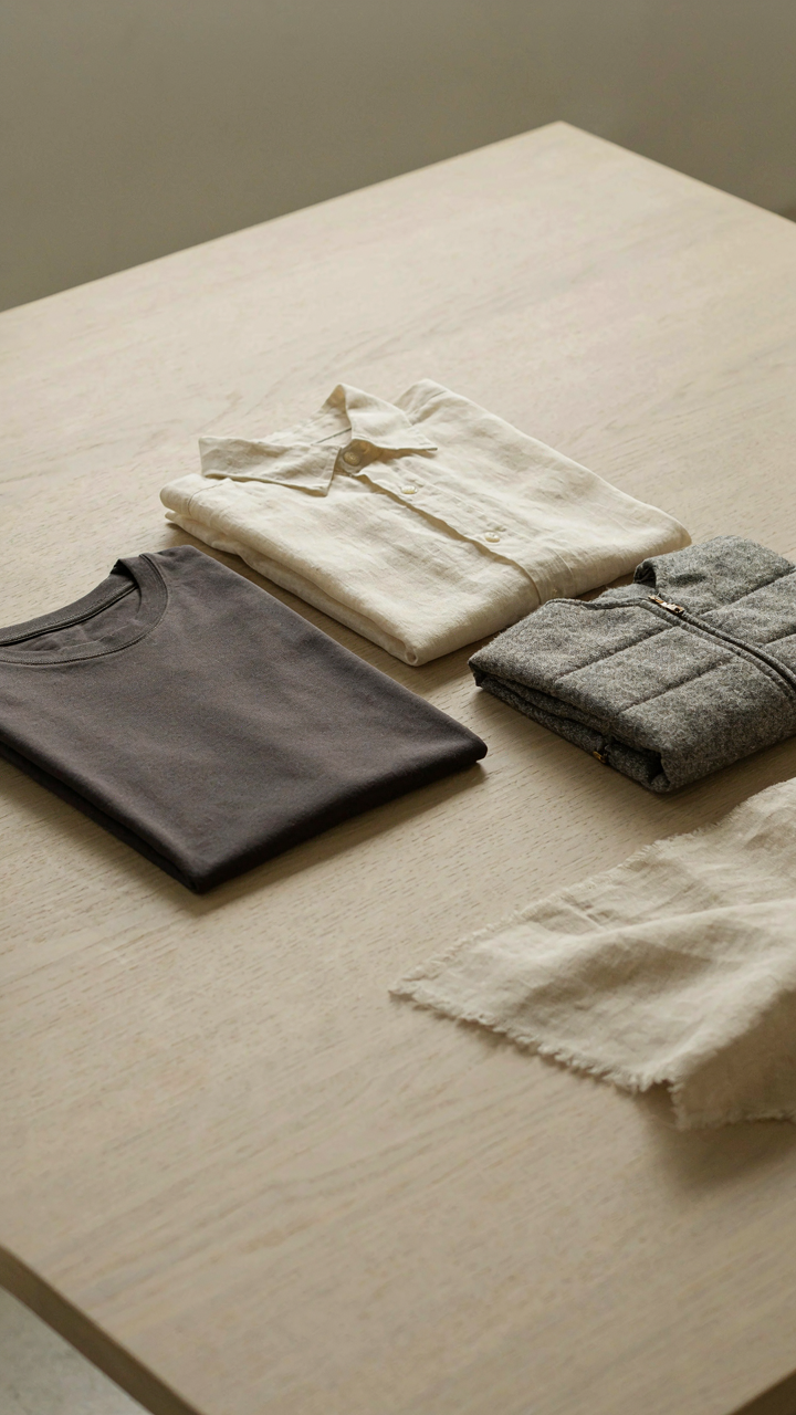 Folded clothing: a charcoal t-shirt, a cream linen overshirt, and a gray wool gilet.