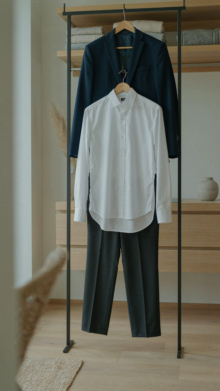A white shirt, tailored trousers, and navy blazer on a rack.