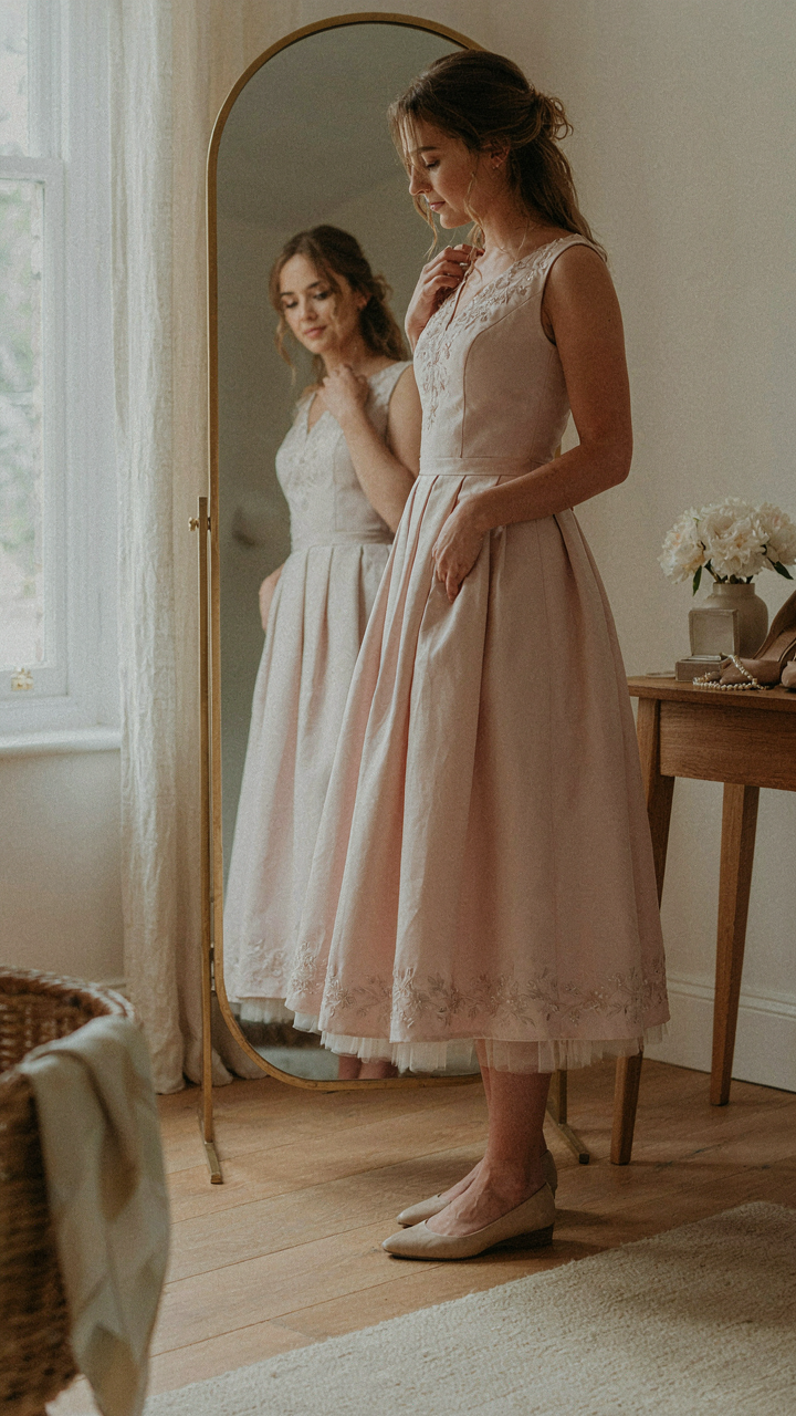 A woman in a stylish christening guest dress checks her reflection in a mirror.