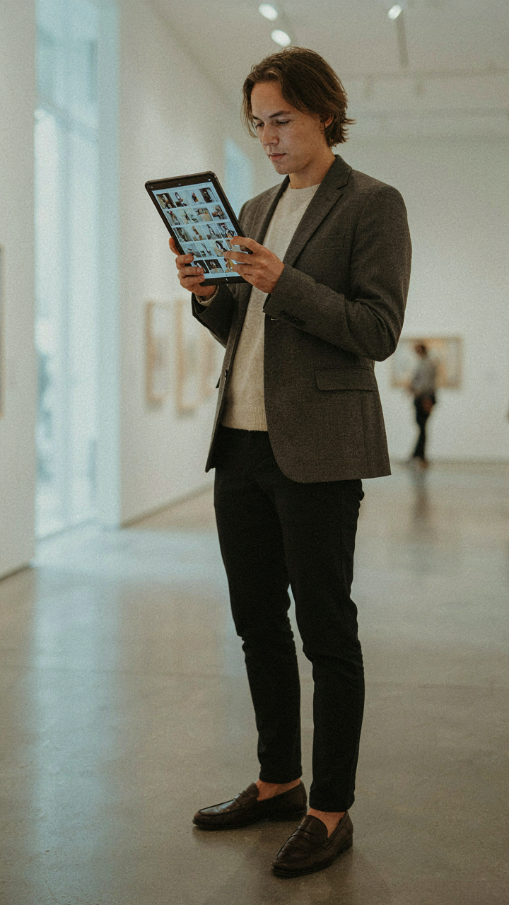 A person discreetly studies past art gallery opening photos on a tablet.