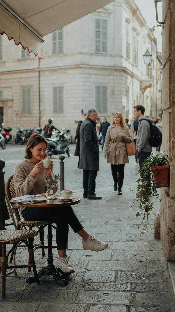 A person watches locals in neutral clothing from an outdoor cafe.