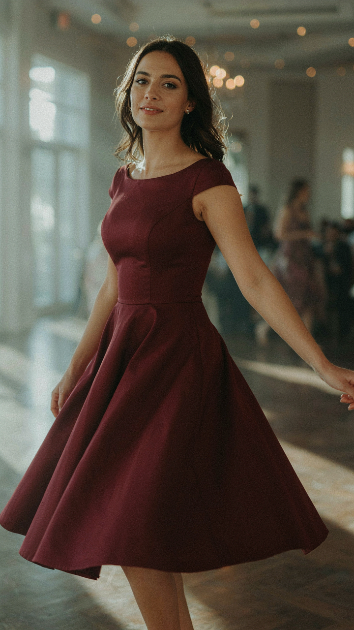 A woman in a cap-sleeved dress twirling comfortably on a dance floor.