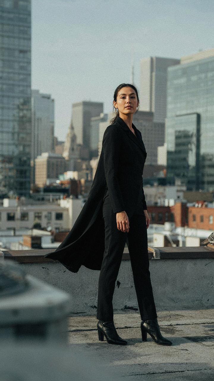 A woman in a tailored black jumpsuit with cape stands on a rooftop.