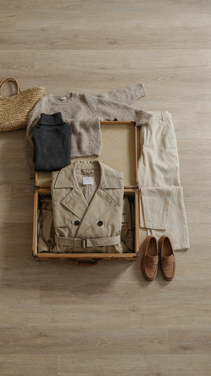 A beige trench coat is folded in a suitcase, surrounded by simple clothes.