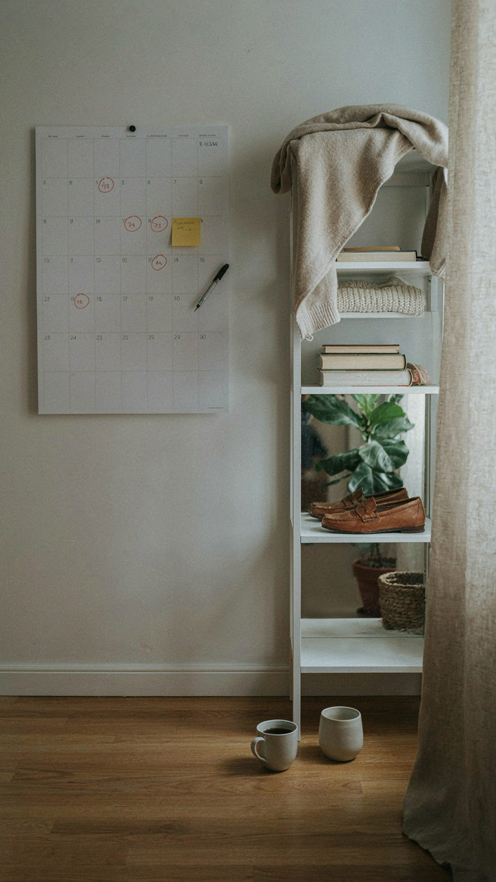 A calendar showing various events next to a compact, adaptable wardrobe.