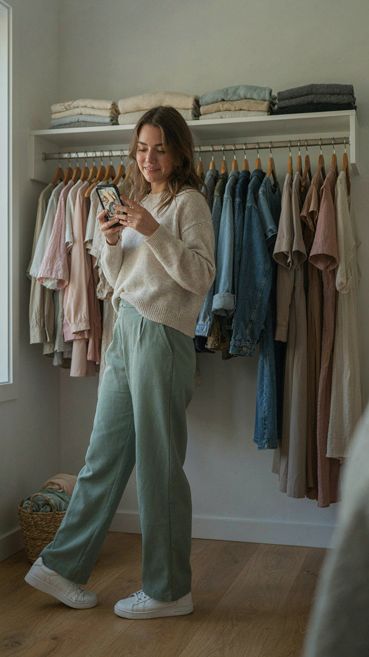 A woman looks at an outfit photo on her phone, standing by an organized closet.