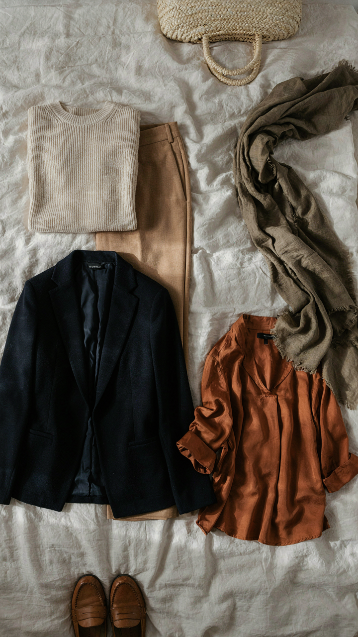 A capsule wardrobe with coordinating neutral and accent colors laid on a bed.