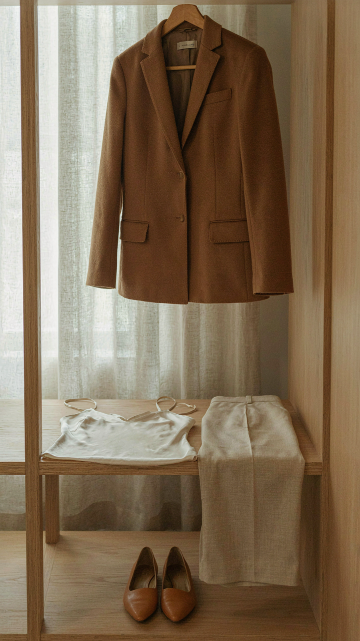 A minimalist capsule wardrobe with neutral-toned timeless evening outfits for women.