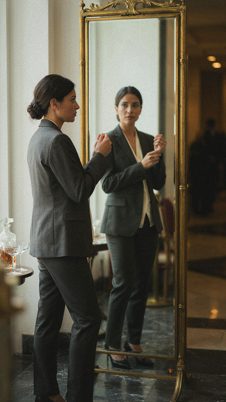 A woman adjusts her blazer cuff in a casino mirror.
