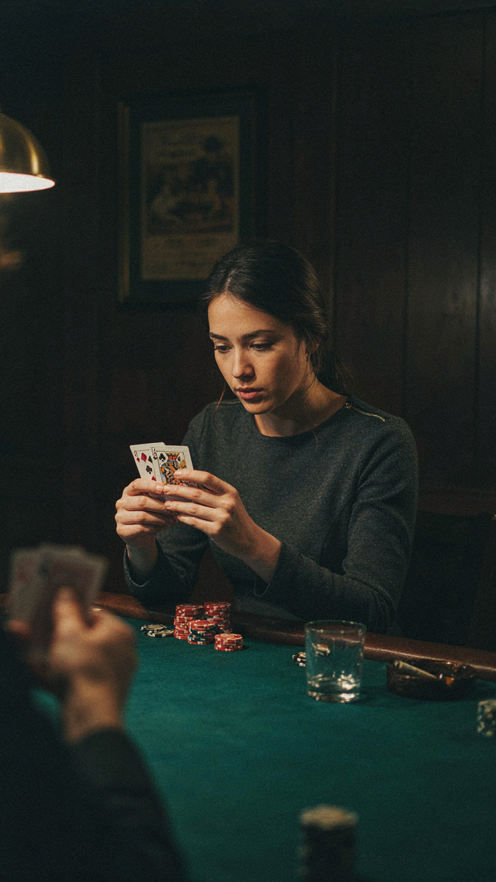 A woman in a dark dress plays poker at a casino table.