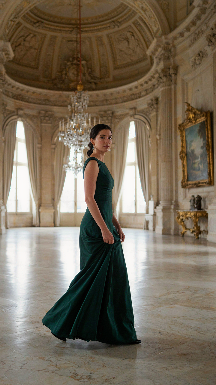 A woman in a tailored dress walking through a historic venue.
