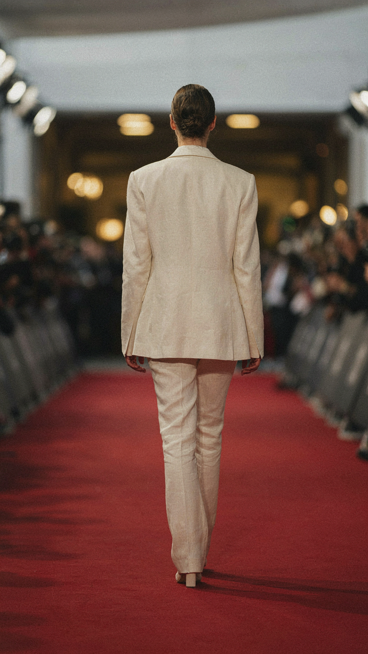 A woman walks on a red carpet in an oversized linen blazer and fitted trousers.