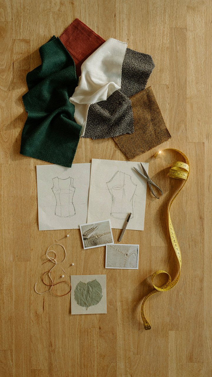 A mood board with fabric swatches and sketches, next to a tailor's measuring tape.
