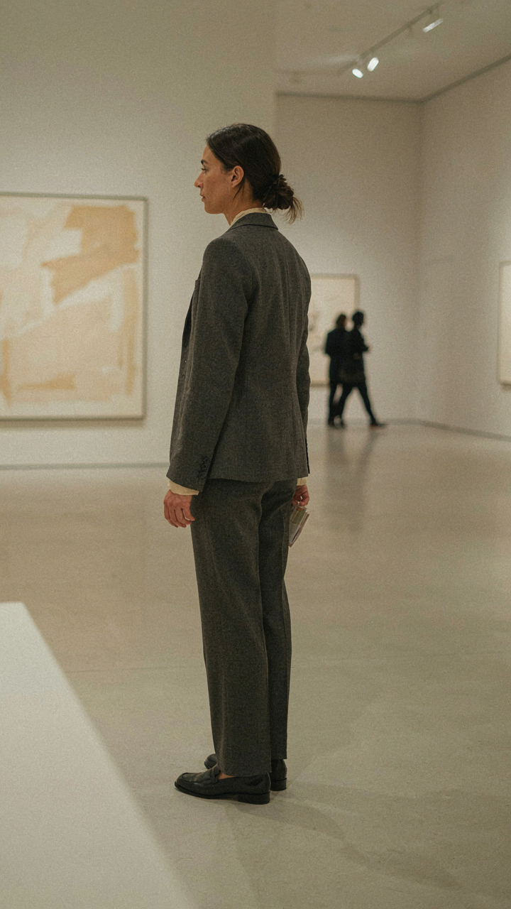 A woman in a tailored blazer stands in a modern art gallery.