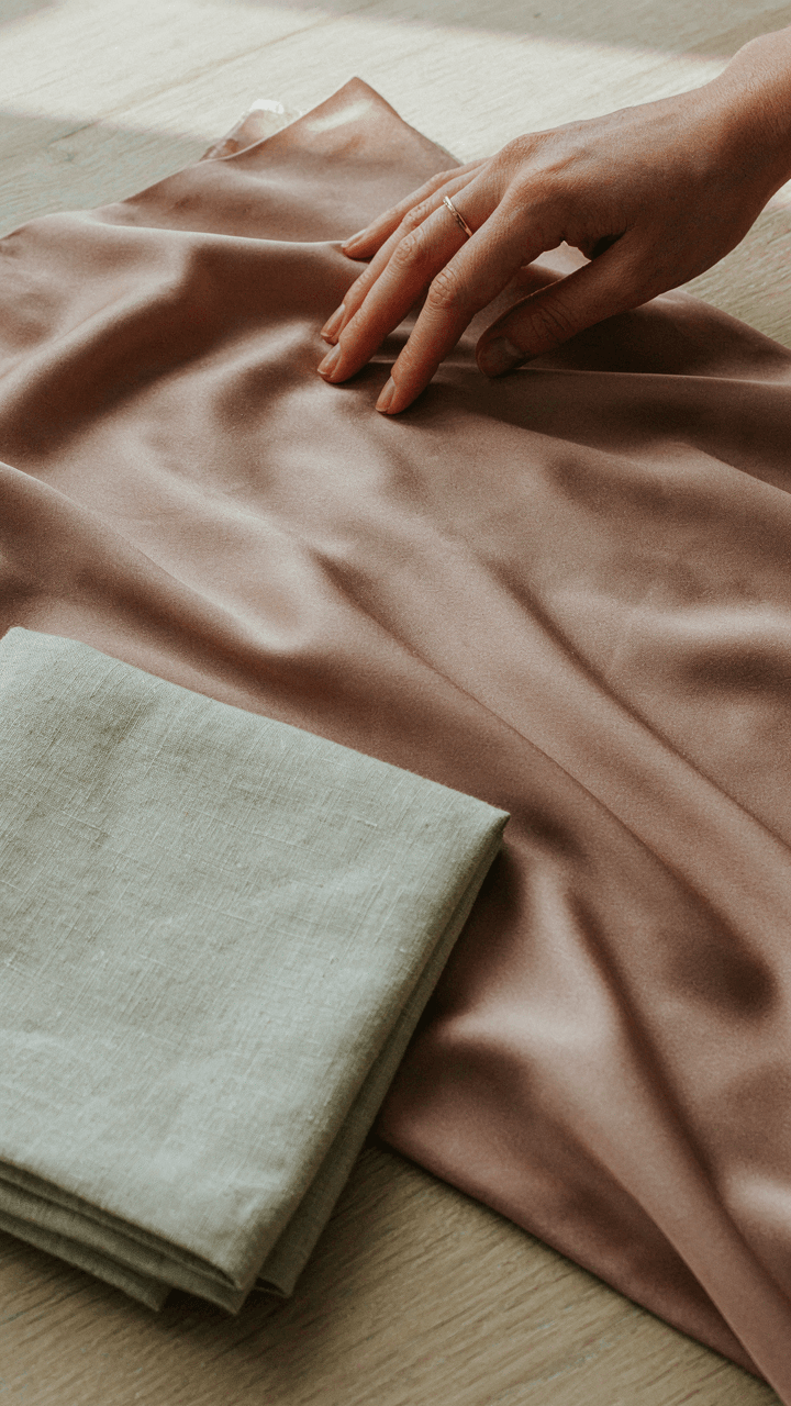 A hand touches luxurious, slightly wrinkled silk charmeuse and linen fabrics.