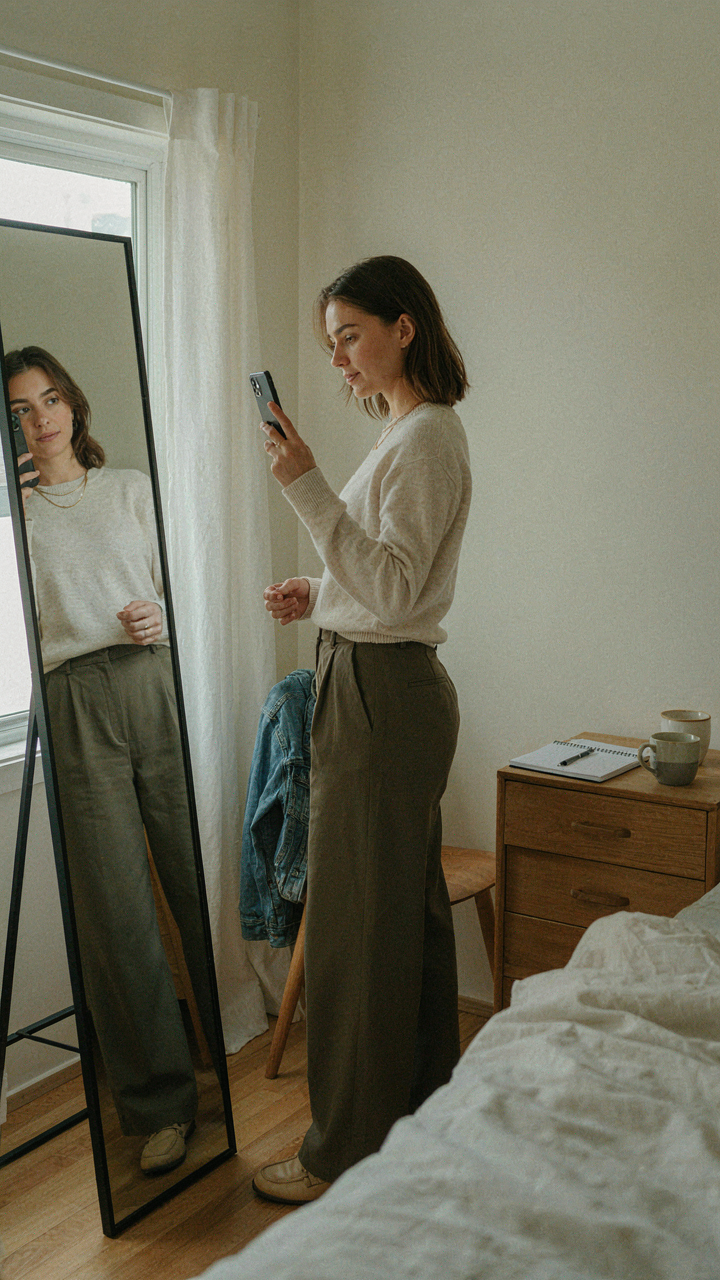 A person takes a mirror selfie of their outfit, using a phone and notepad.