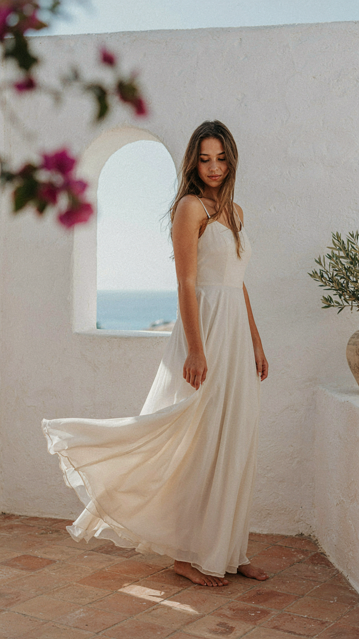 A flowing chiffon maxi dress in a soft breeze.