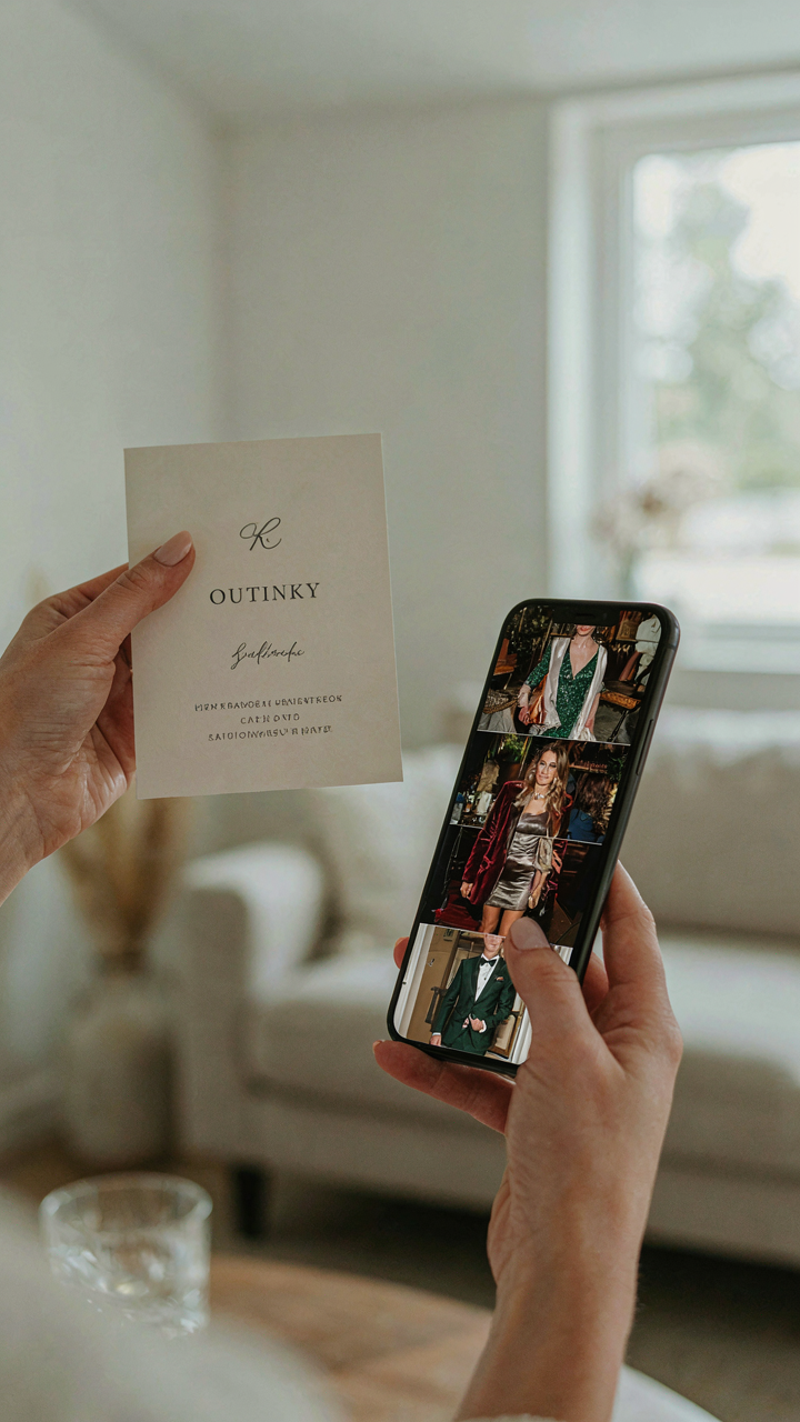 A hand holding a party invitation and another scrolling social media photos.