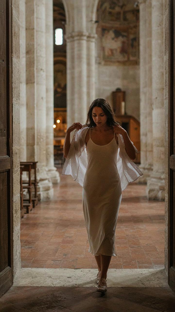 A woman puts on a light shirt to cover her shoulders before entering a church.