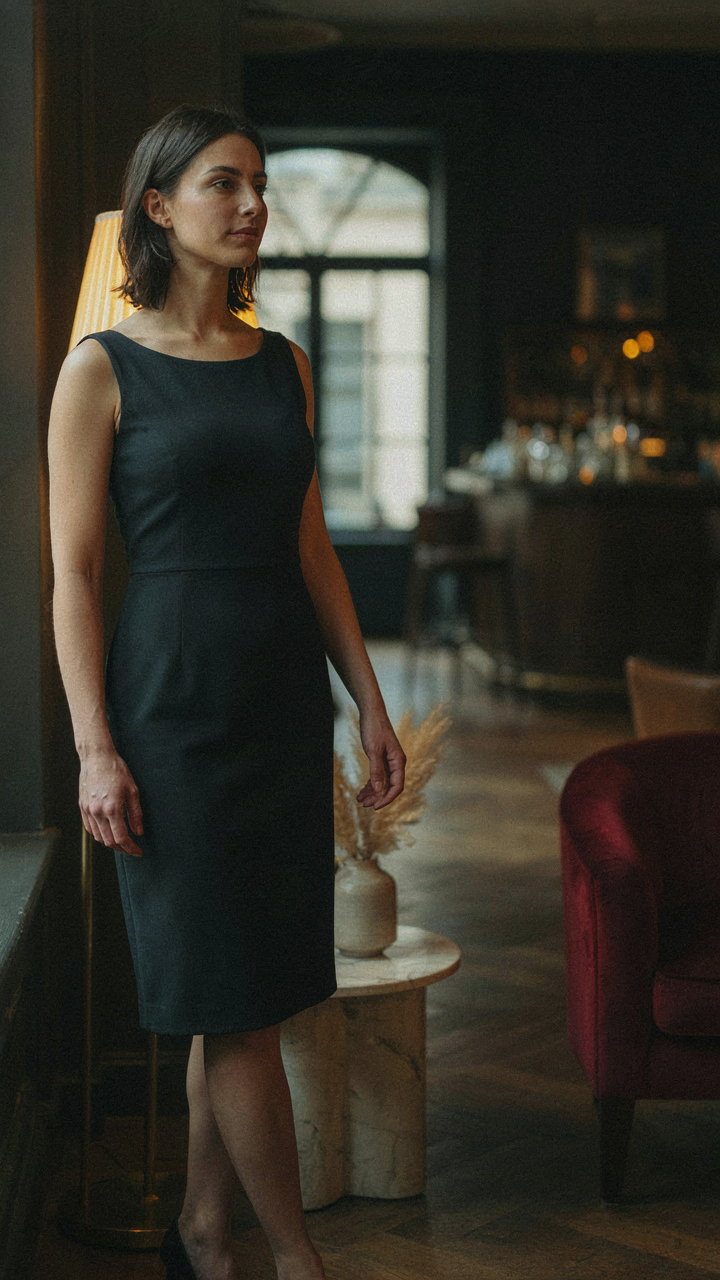 A woman in a simple, well-fitting dark cocktail dress blends elegantly into a lounge.