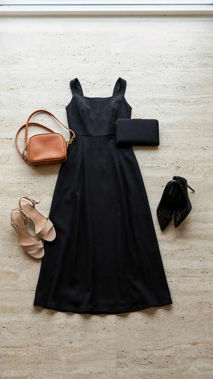 A black dress with different accessories to show varying levels of formality.