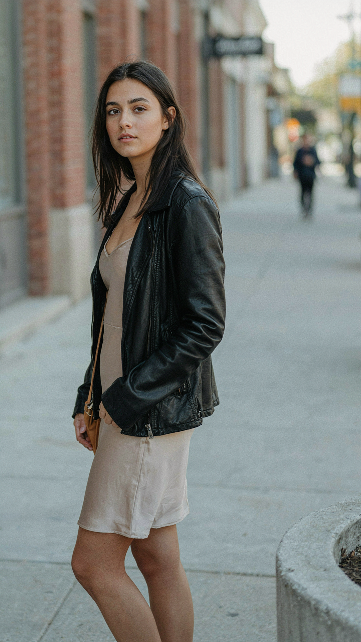 A woman wearing a silk slip dress under an oversized leather jacket.