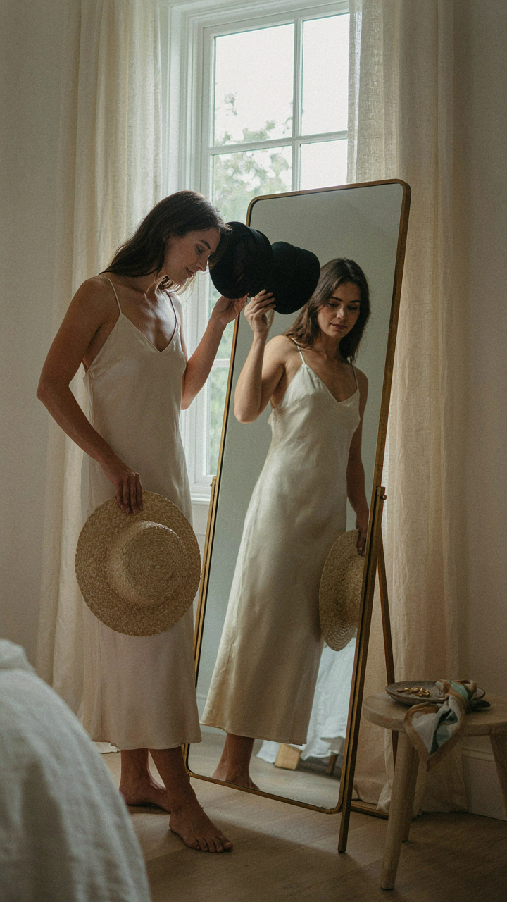 A woman chooses between a pillbox hat and a straw hat.
