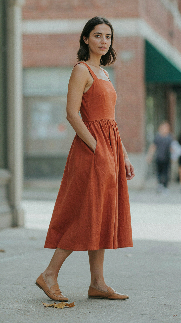 A woman in a midi dress with one hand in her pocket, head tilted.