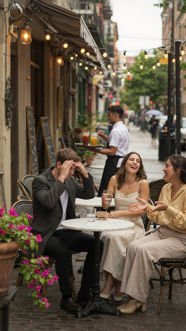 Person in trendy, heavy clothing sweating uncomfortably on a humid outdoor patio.