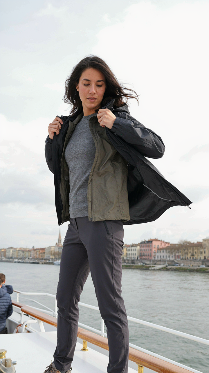 A person layering clothing on a river cruise deck for changing weather.