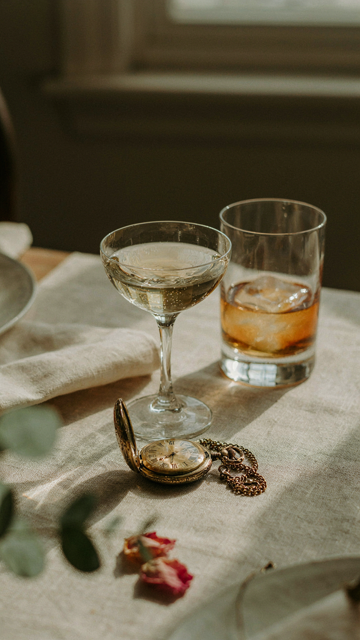 An antique pocket watch showing late afternoon, next to drinks.