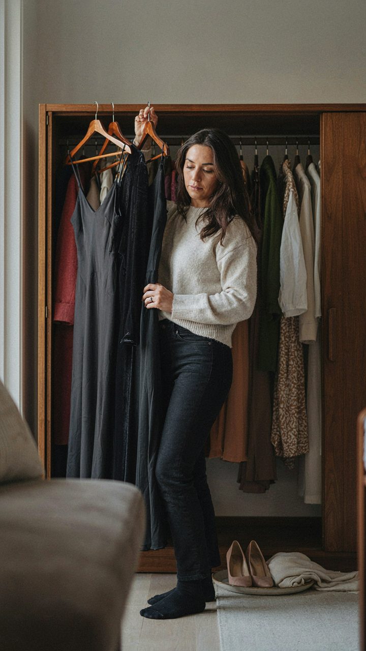 A woman carefully chooses one of three dark, elegant cocktail dresses from her closet.